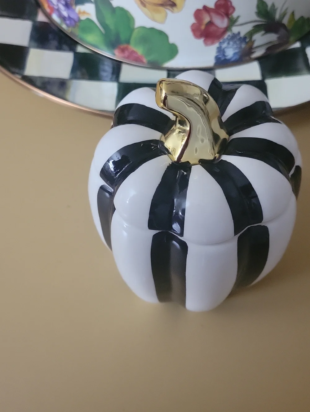 Black & White Striped Ceramic Pumpkin Accent with Gold Stem
